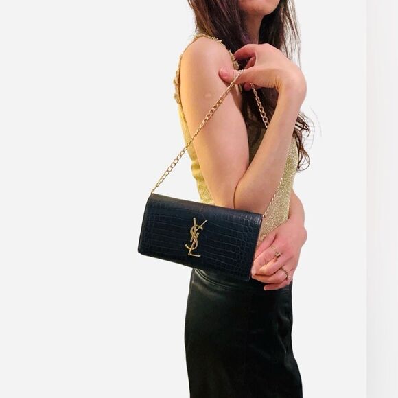 YSL dark navy crocodile embroidered leather long wallet - Picture 4 of 16